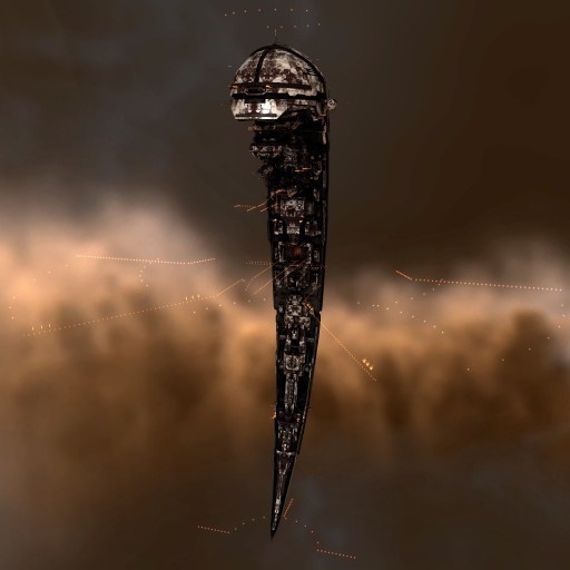 The image displays the tall elongated structure of a Blood Raiders Forward Operating base. It has a rustic look and sit forlorn against the background of space.
